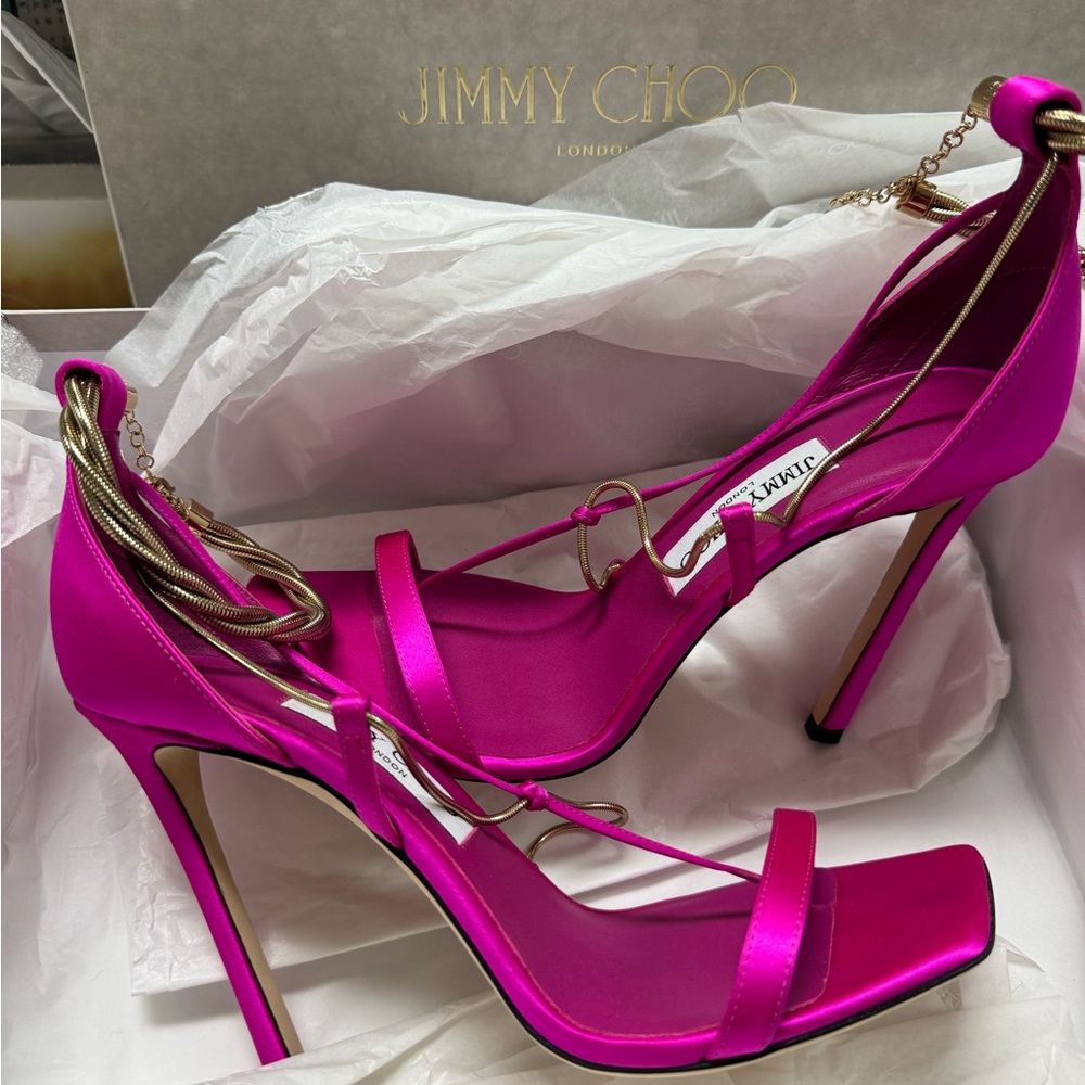 JIMMY CHOO ORIANA CHAIN EMBELLISHED SATIN SANDALS
